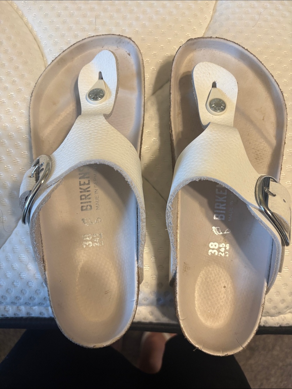 Birkenstock White Leather Toe-Post Sandals with Silver Buckles